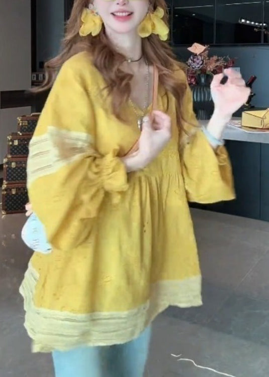 Yellow V Neck Patchwork Cotton Blouse Tops Lantern Sleeve