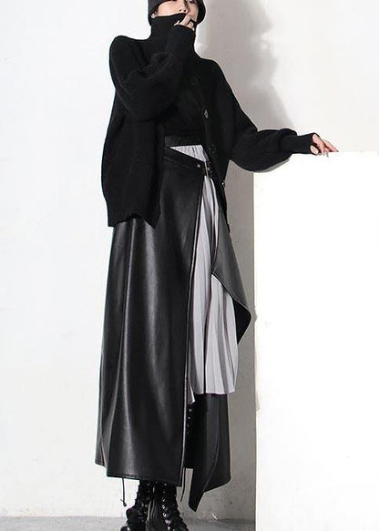 Black Asymmetrical Design Patchwork Skirts Spring