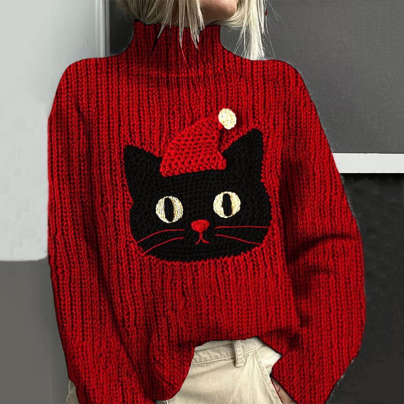 Comstylish Cute Christmas Cat Turtleneck Knitted Sweater