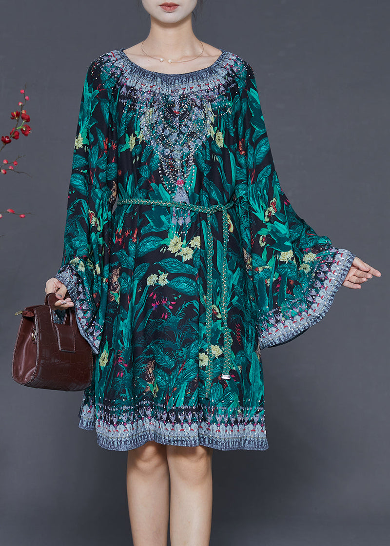 Green Tie Waist Print Chiffon Work Dress Flare Sleeve