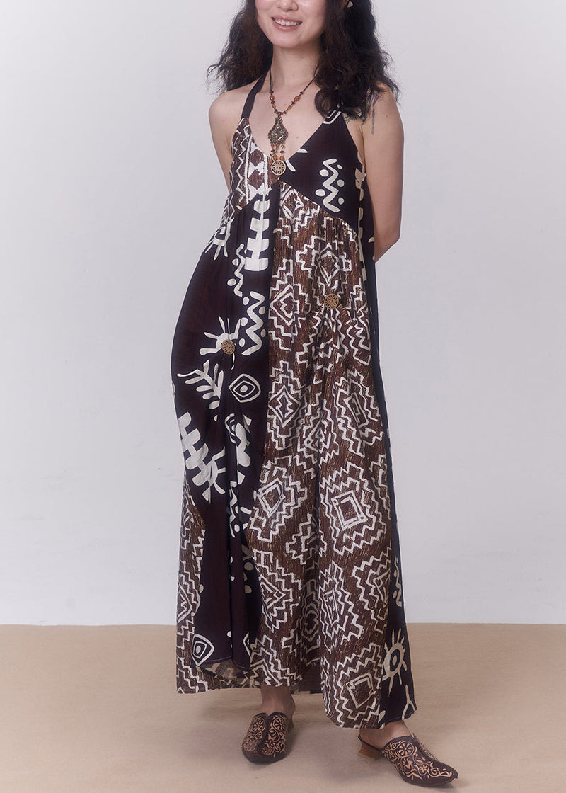 Coffee Backless Print Patchwork Cotton Spaghetti Strap Dress Sleeveless
