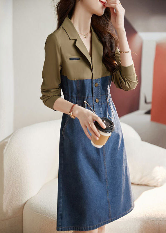 Colorblock Drawstring Pockets Patchwork Dresses Long Sleeve