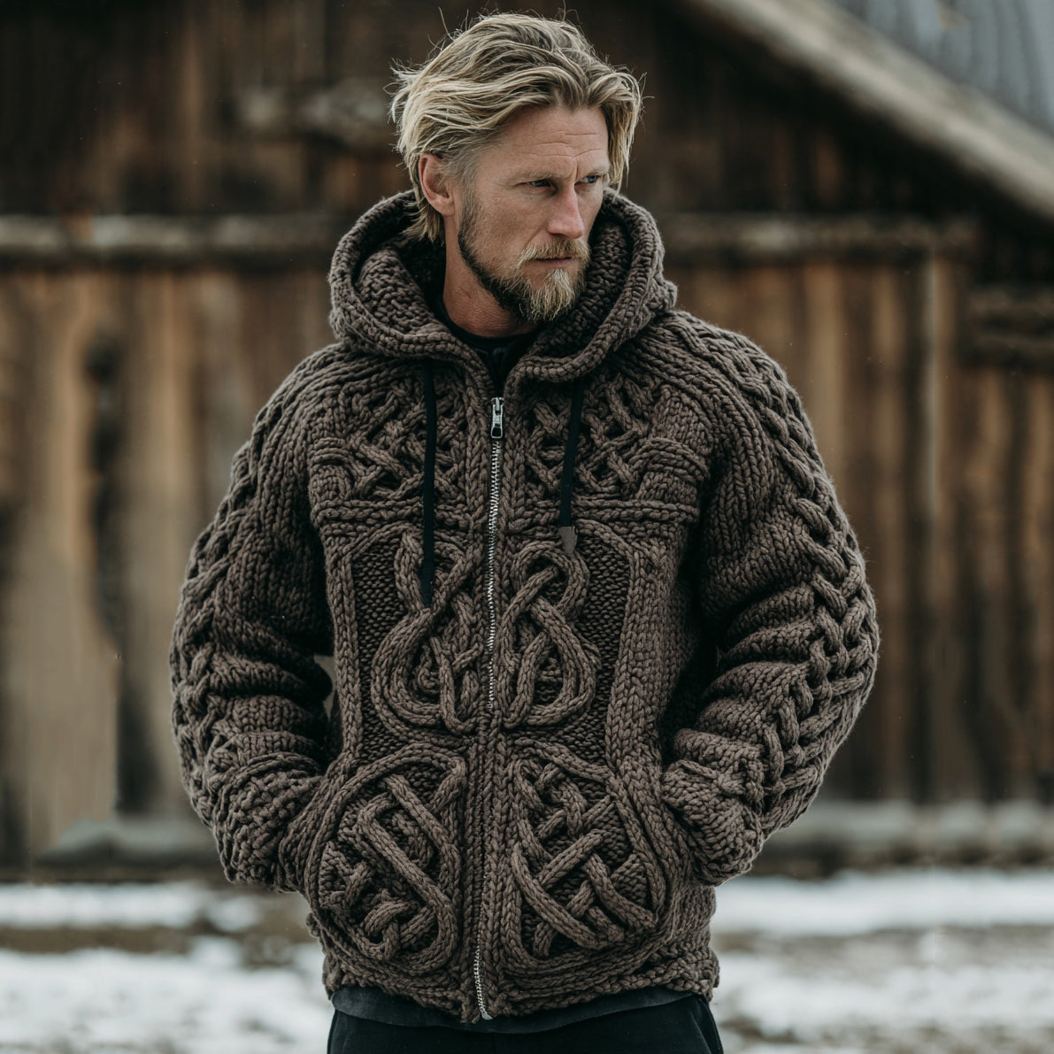 Men's Vintage Celtic Knot Jacquard Zipper Aran Sweater artswardrobe