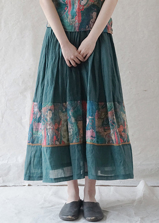 Retro Green Elastic Waist Drawstring Print Patchwork Linen Skirt Spring