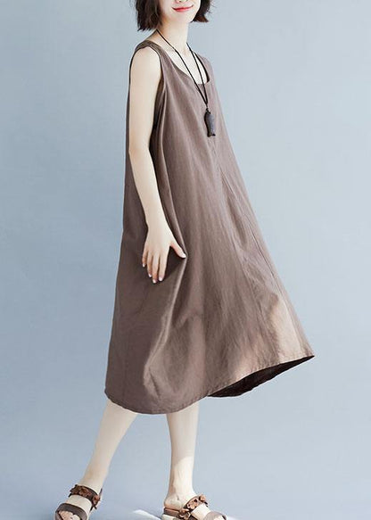 O Neck Linen Quilting Dresses Ideas Khaki Sleeveless Dress Summer