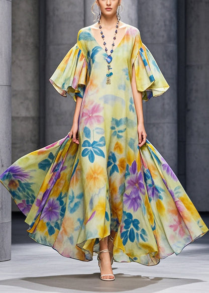 Yellow Flower Print Chiffon Long Dresses Flare Sleeve