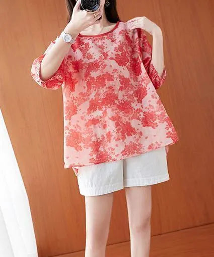 O Neck Lantern Sleeve Summer Tops Red Print Shirts
