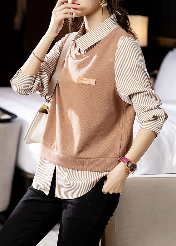 Striped Patchwork False Two Pieces Cotton Top Long Sleeve