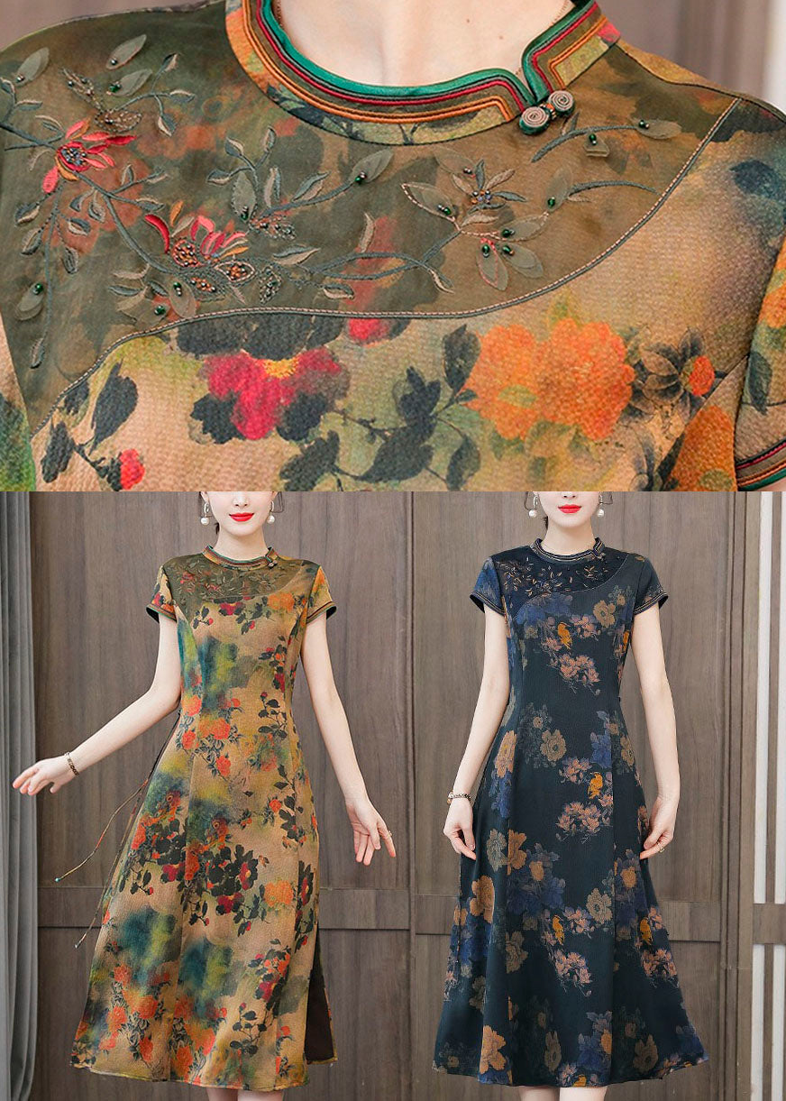 Green Print Silk Cheongsam Dresses Embroidered Slim Fit Summer