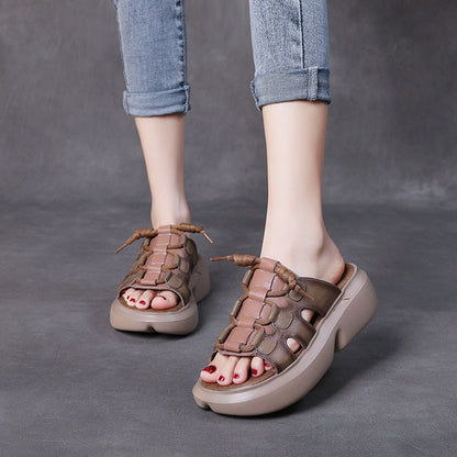 Retro Leather Wedge Slippers