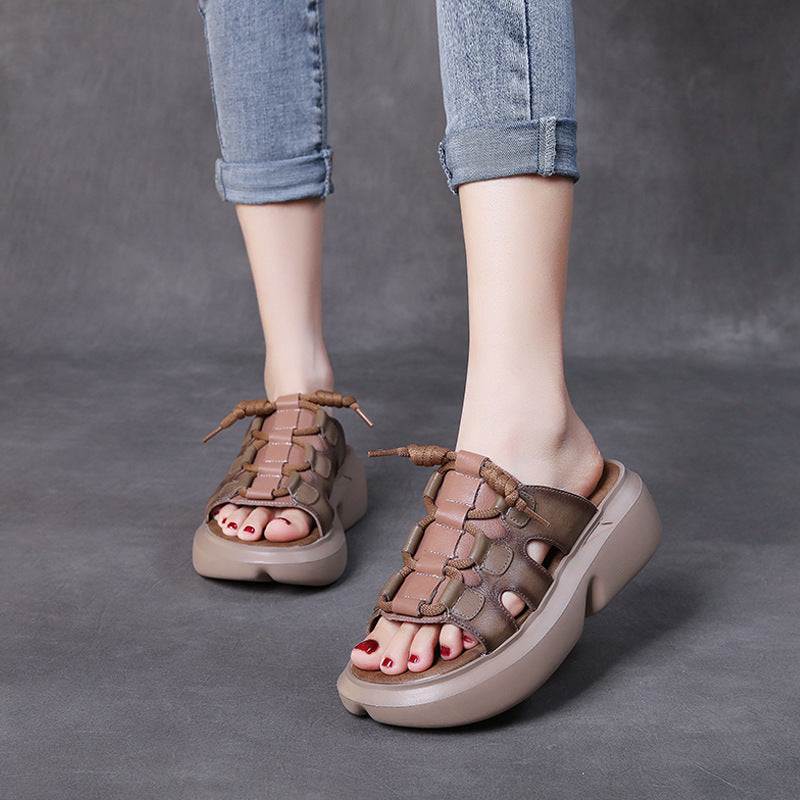 Retro Leather Wedge Slippers