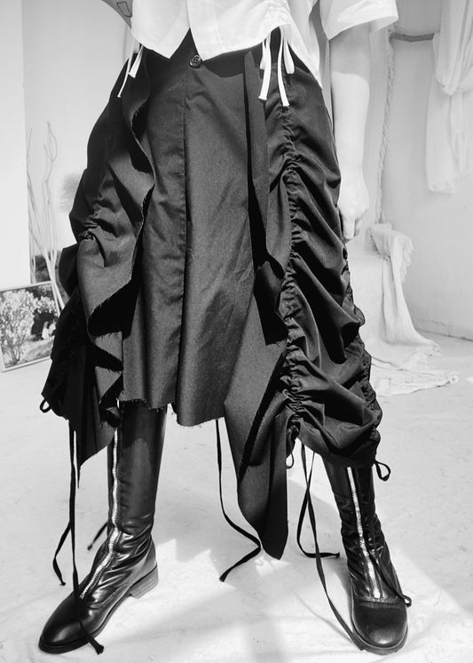 Black Asymmetrical Drawstring Low High Design Skirts Fall