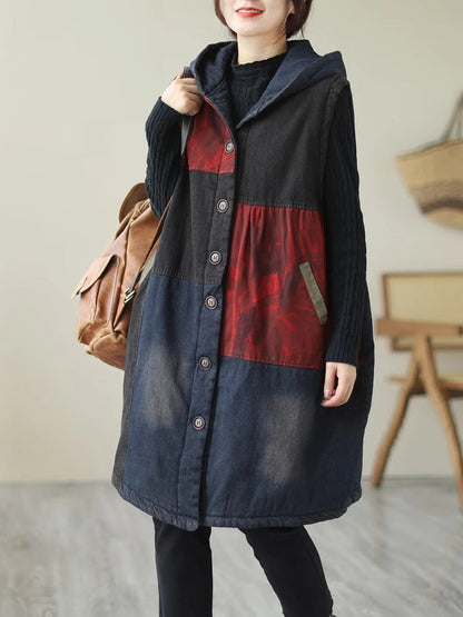 Winter Colorblock Hooded Mid Length Waist Coat