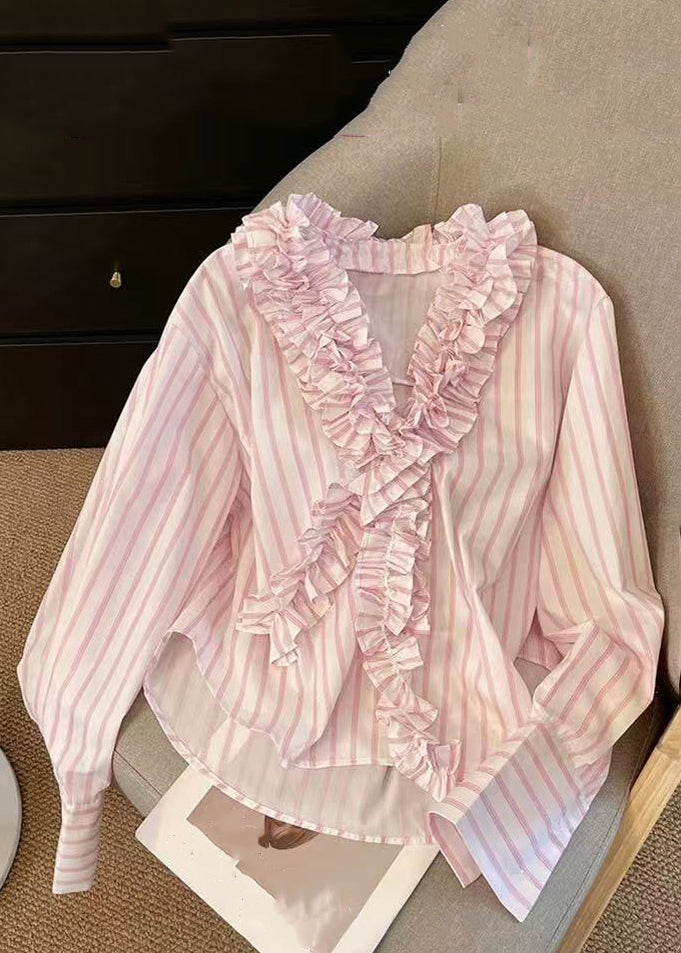 Pink V Neck Ruffled Striped Shirts Spring