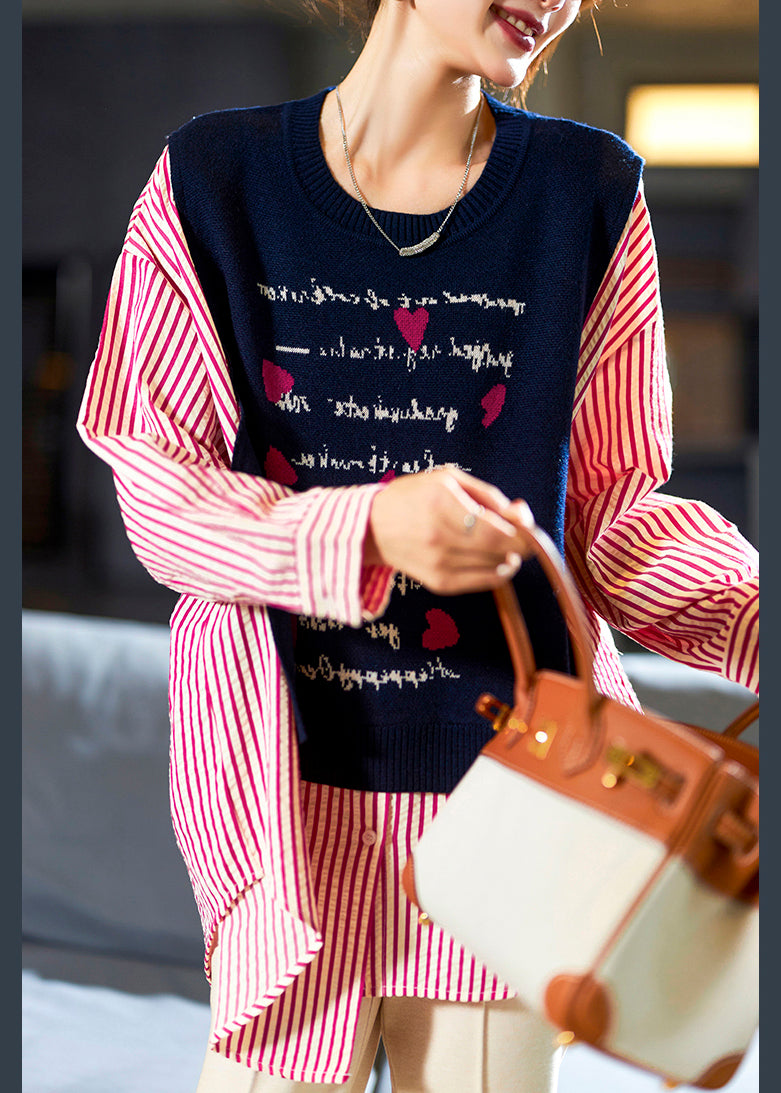 Navy Striped Patchwork False Two Pieces Cotton Blouse Long Sleeve
