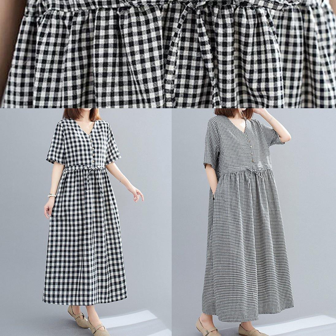 Organic V Neck Drawstring Cotton Clothes for Tutorials Black Large Plaid Dress