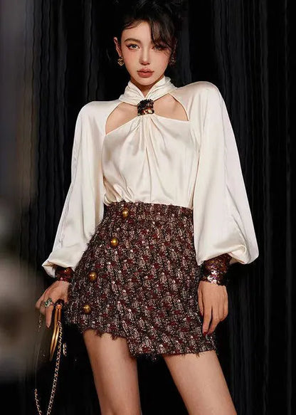 Loose White Sequins Shirts and Skirts Silk Cotton Two Pieces Set Long Sleeve