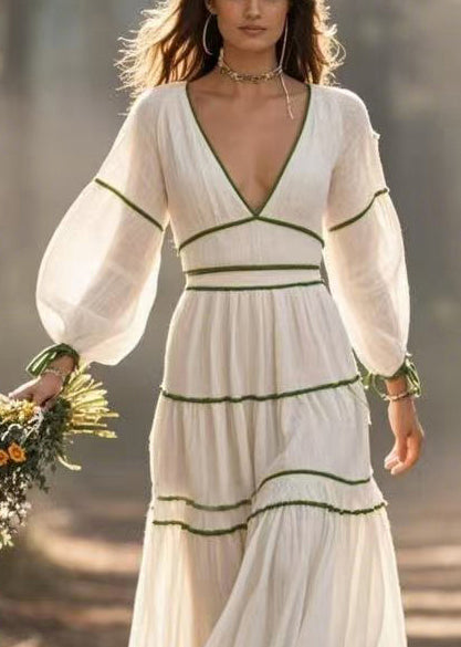 White V Neck Exra Large Hem Cotton Dresses Spring