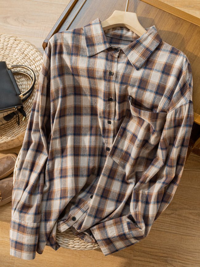 100% Natural Fabric Loose Mid Length Plaid Shirt