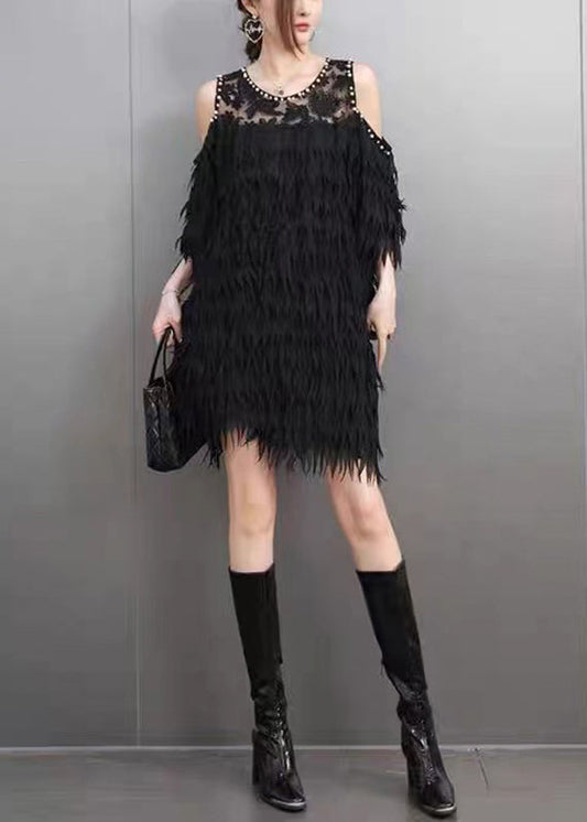 Black Cold Shoulder Nail Bead Tassel Mid Dresses Short Sleeve