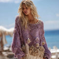 Women's Boho Rose Chunky Knit Crew Neck Colorblock Design Aran Sweater artswardrobe