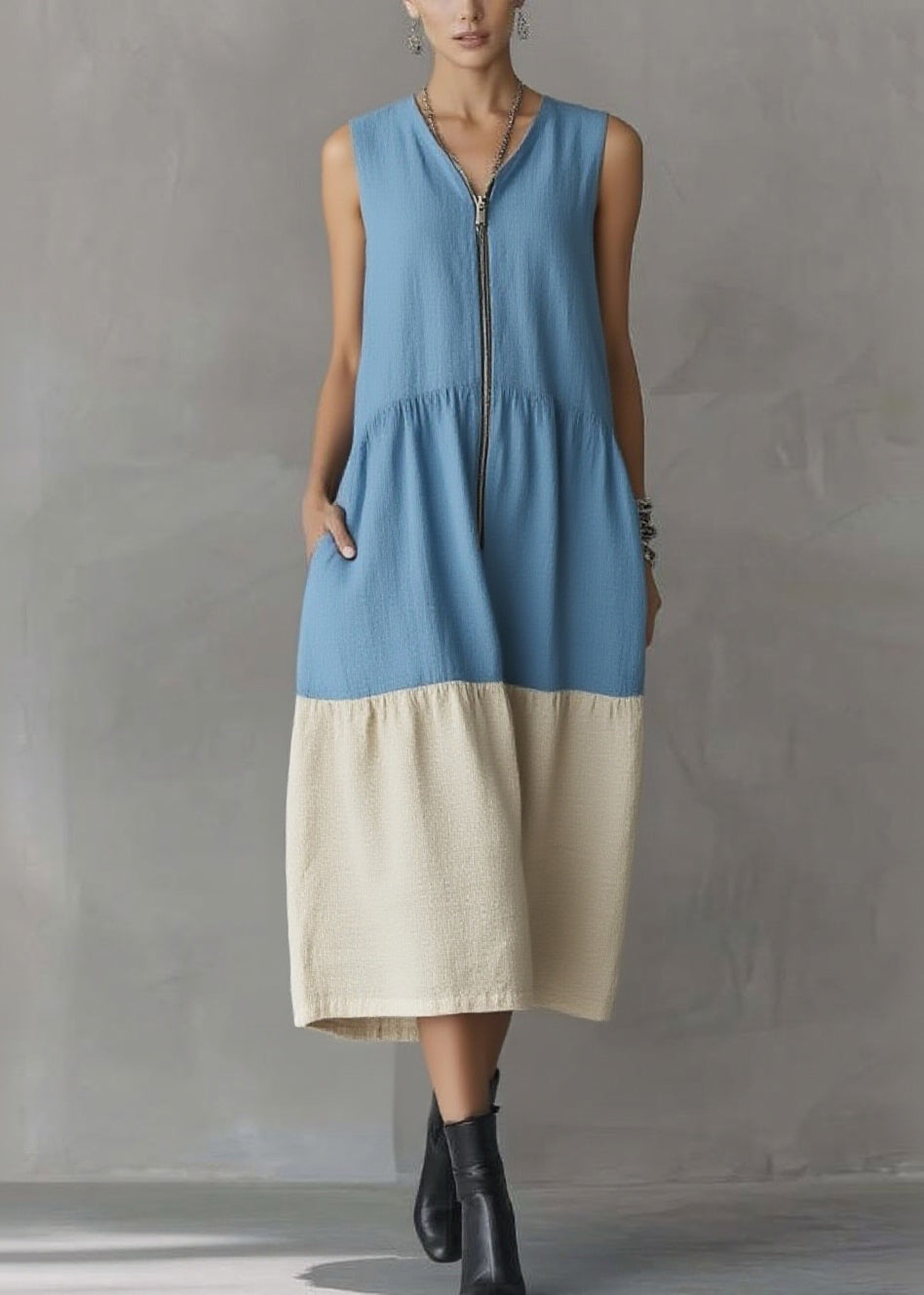 Blue Vacation Maxi Dresses Zippered Patchwork Summer