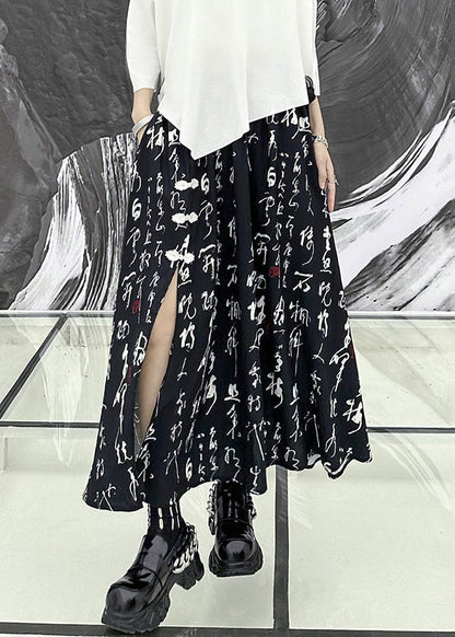 Black Print Side Open Wrinkled Patchwork Cotton Skirts Summer