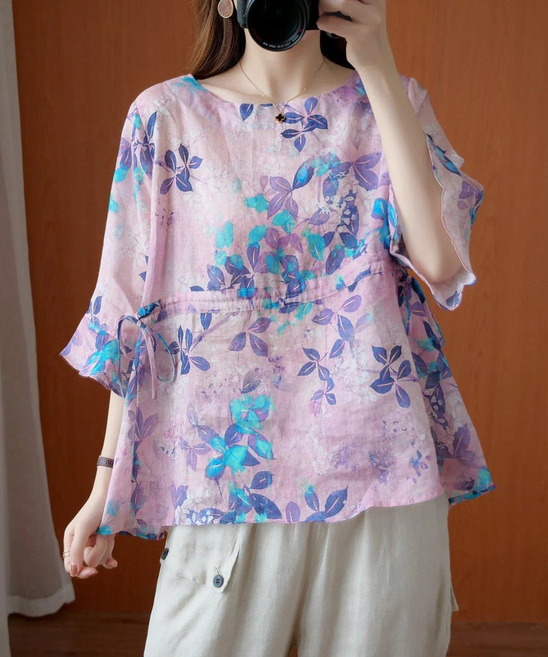 Purple Print Top O Neck Drawstring Daily Summer Blouses
