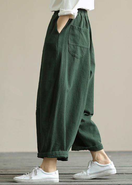 Literary Loose Green Color Wild Large Size Elastic Waist Nine-point Harem Pants