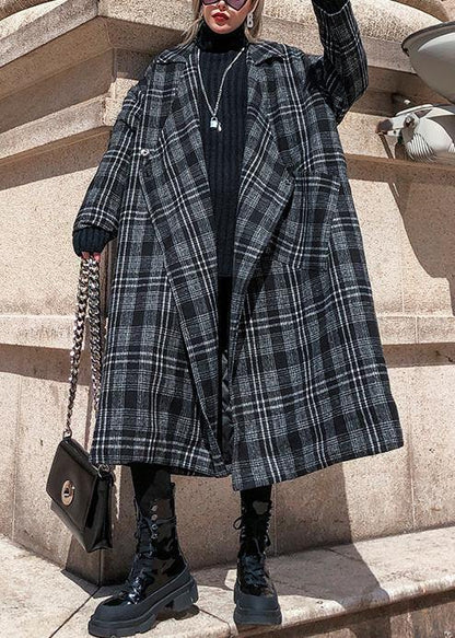 Gray Plaid Woolen Coat Notched Pockets Long Coats