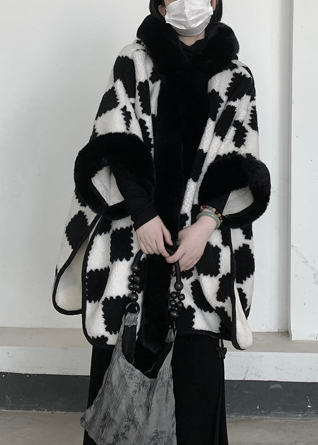 White Oversized Plaid Woolen Hooded Jacket Winter