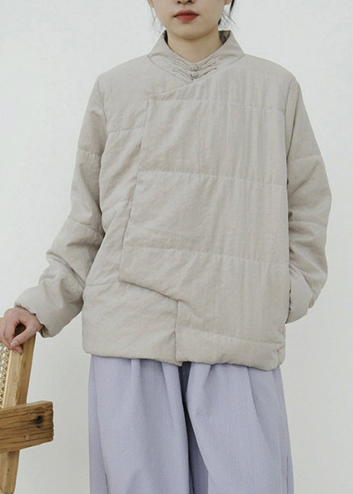 Simple Apricot Stand Collar Button Pockets Fine Cotton Coats Winter