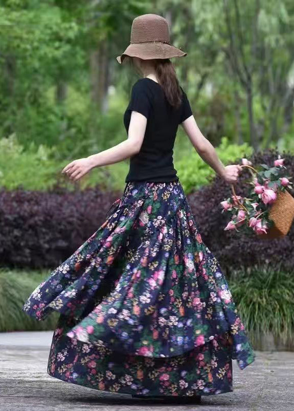 Navy Asymmetrical Print Exra Large Hem Cotton Skirts Spring