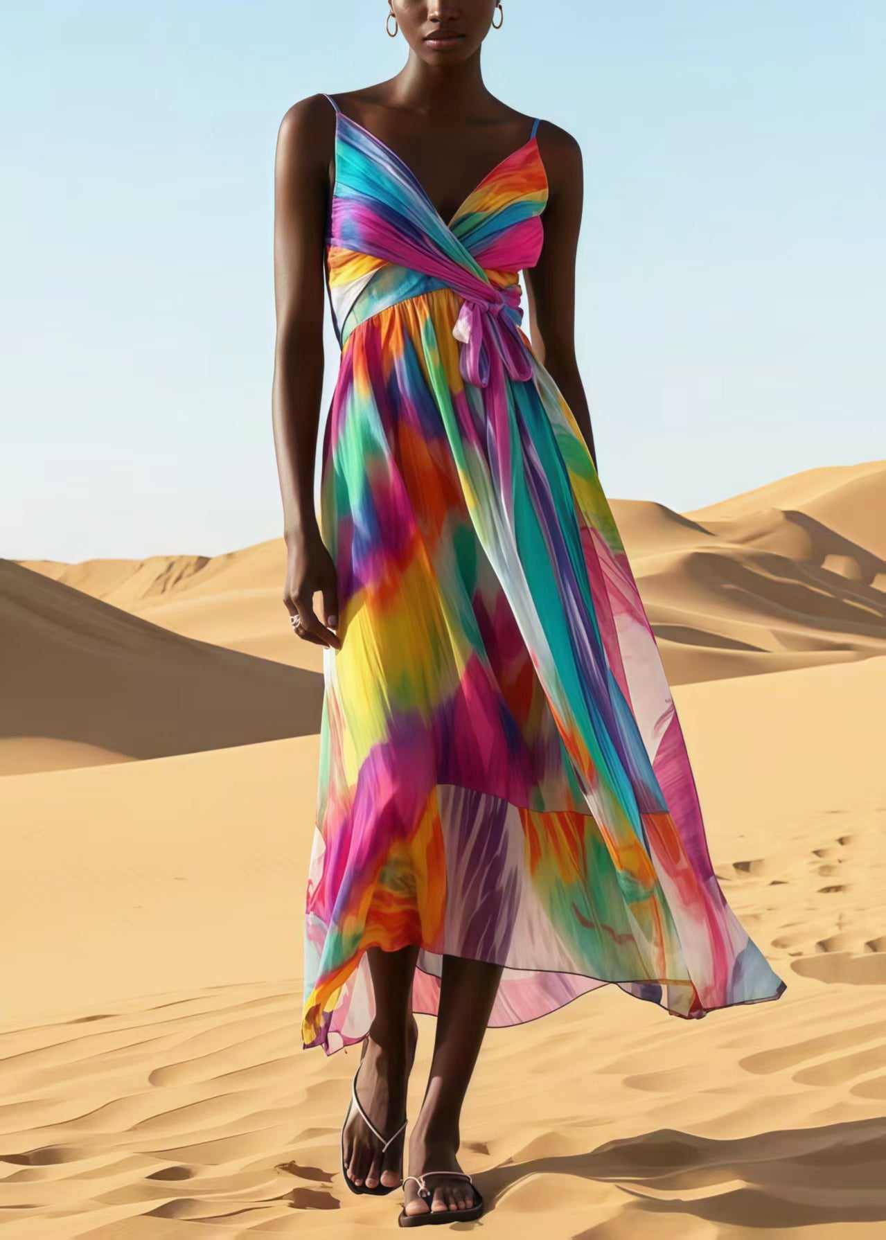 Rainbow Tie Dye Chiffon Spaghetti Strap Dress Summer