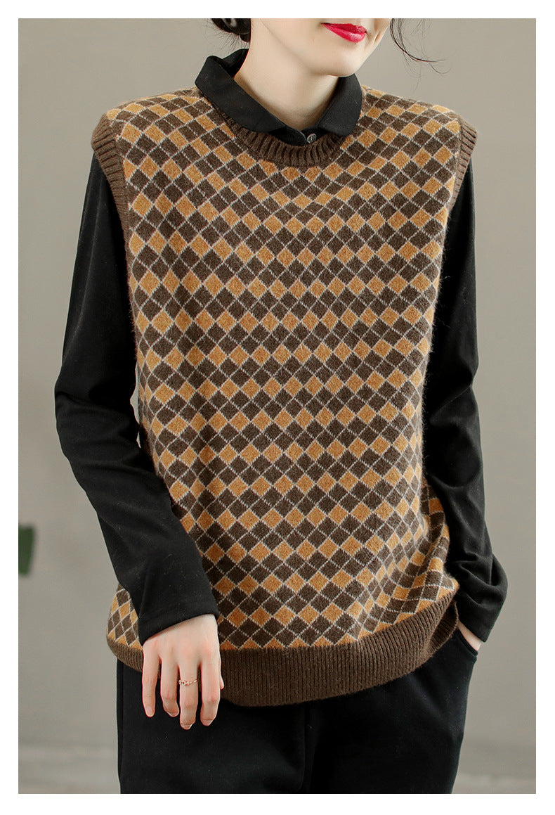 Plaid Round Neck Warm Knitted Sweater Vest