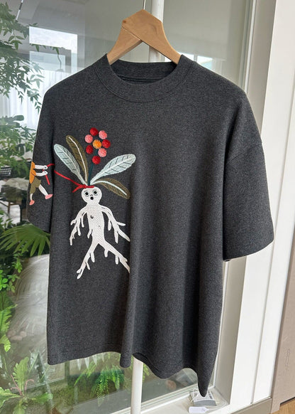 Loose Grey O-neck Embroidered Cotton T Shirt Summer