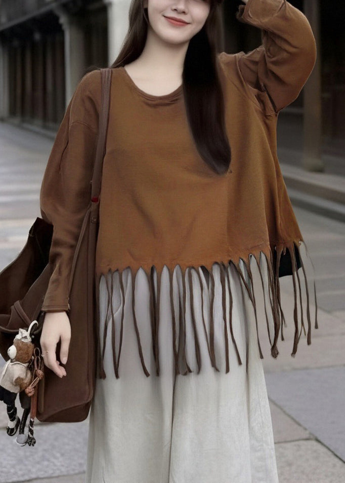 Loose Turmeric Tasseled Cotton T Shirt Spring