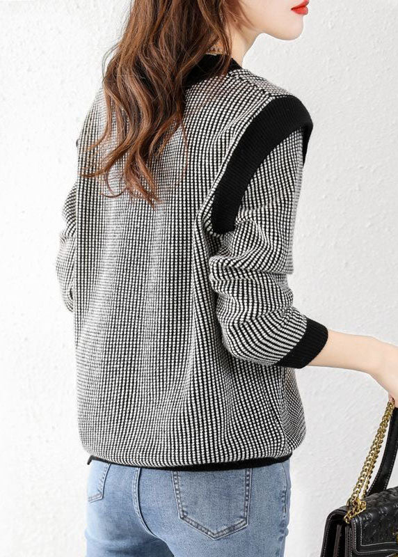 Black V Neck Plaid Knit Sweater Tops Winter