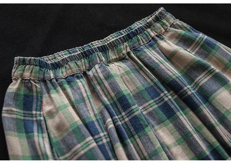 Cotton and Linen Check Elastic High Waist A-line Skirt
