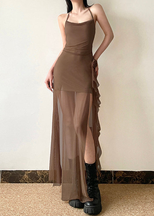 Brown Side Open Silm Fit Tulle Halter Dress Summer