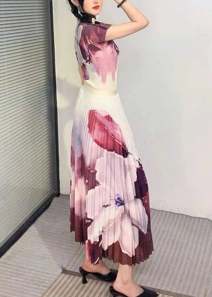 Purple Wrinkled T Shirt and Skirts Two Pieces Set Summer