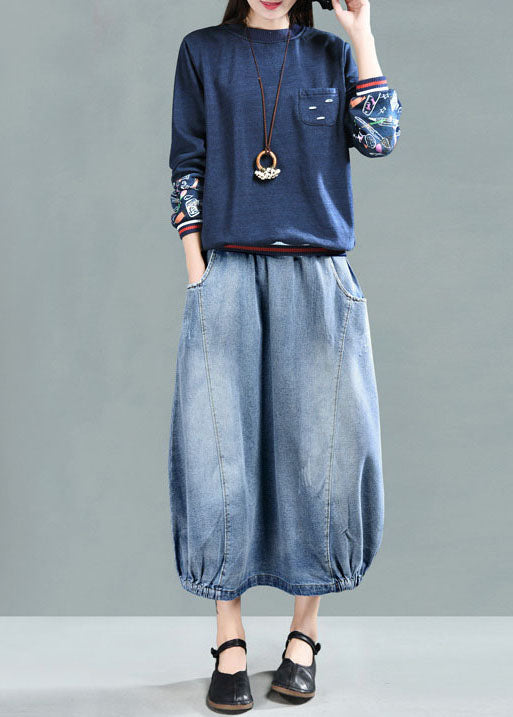 Light Blue Elastic Waist Patchwork Cotton Denim Skirt Spring