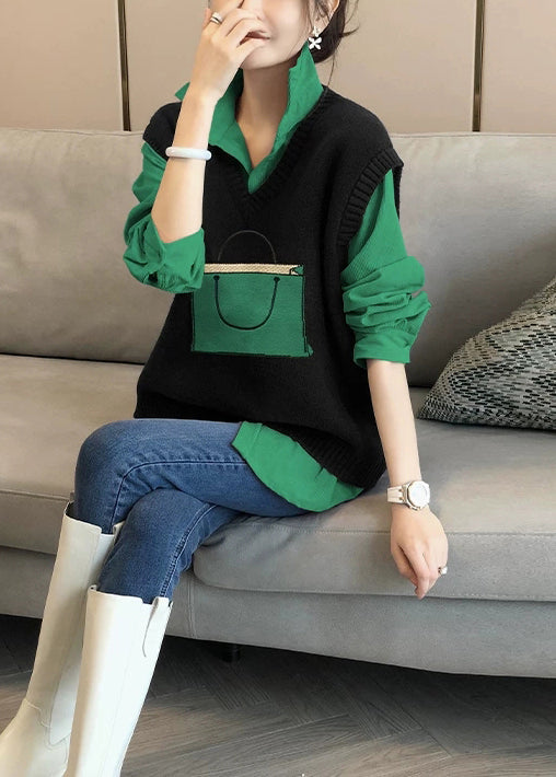 Italian Black Knit Vest and Shirts Patchwork Two Pieces Set Fall