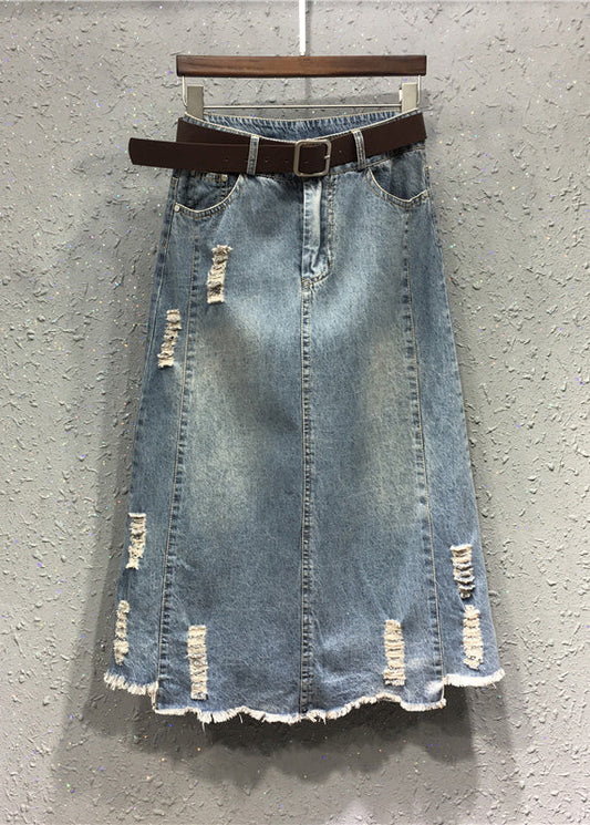 Blue Patchwork Elastic Waist Sashes Denim a Line Skirts
