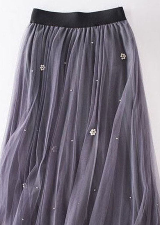 Grey Nail Bead Patchwork Tulle Skirt Wrinkled Spring