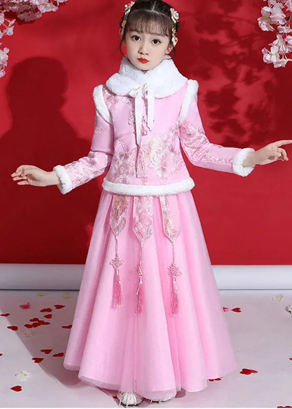 Fine Champagne Peter Pan Collar Warm Fleece Tassel Kids Coats and Tulle Skirts Two Pieces Set Long Sleeve