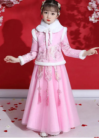 Fine Champagne Peter Pan Collar Warm Fleece Tassel Kids Coats and Tulle Skirts Two Pieces Set Long Sleeve