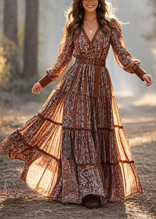 Brown Cinched Exra Large Hem Cotton Party Dress Spring