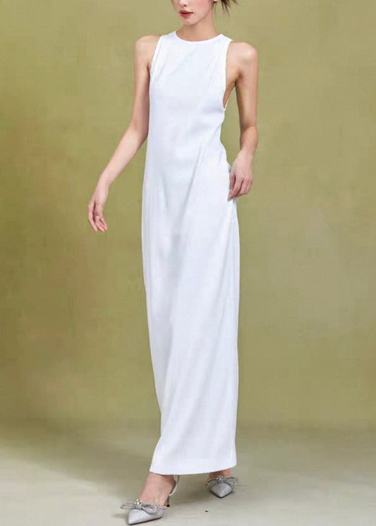 Original White O Neck High Waist Cotton Dress Sleeveless