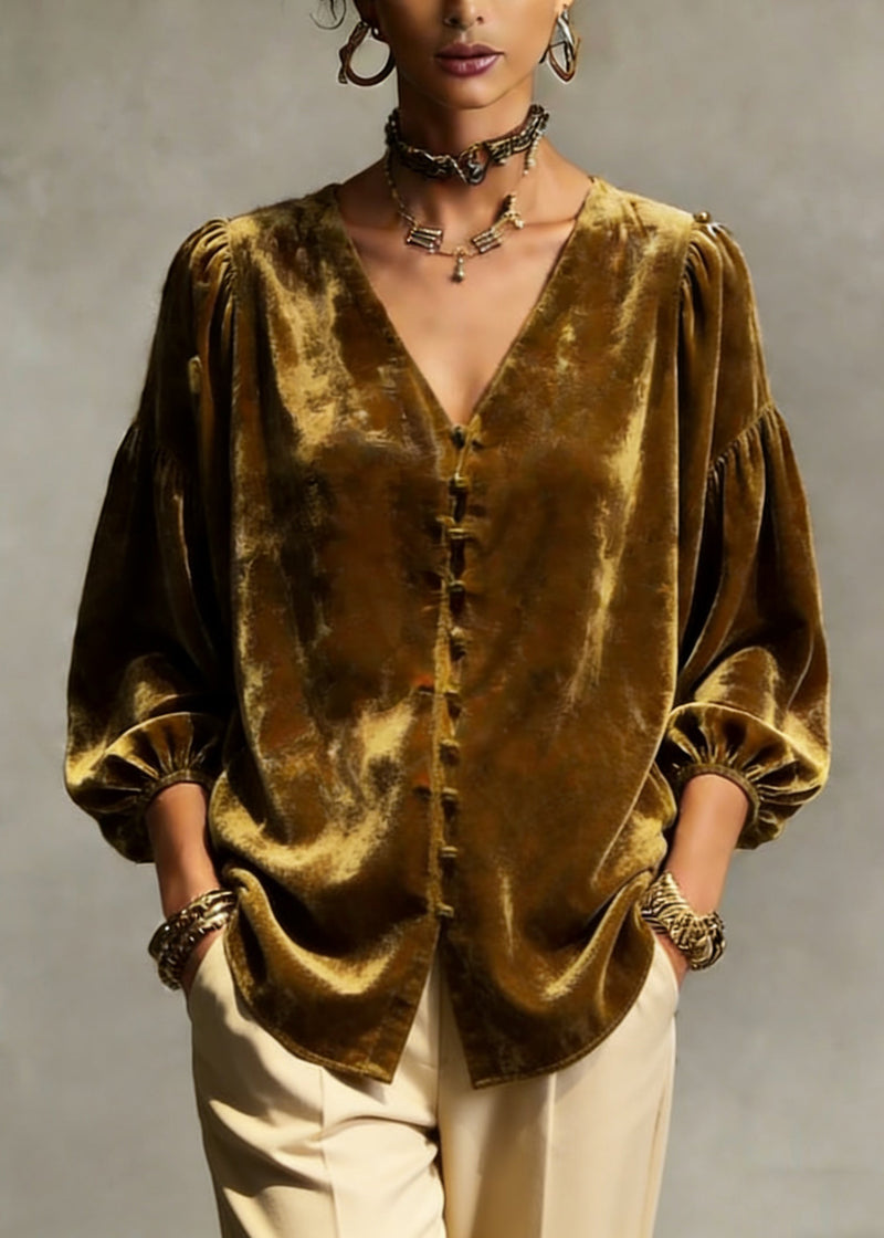 Retro Gold Yellow V Neck Patchwork Top Lantern Sleeve